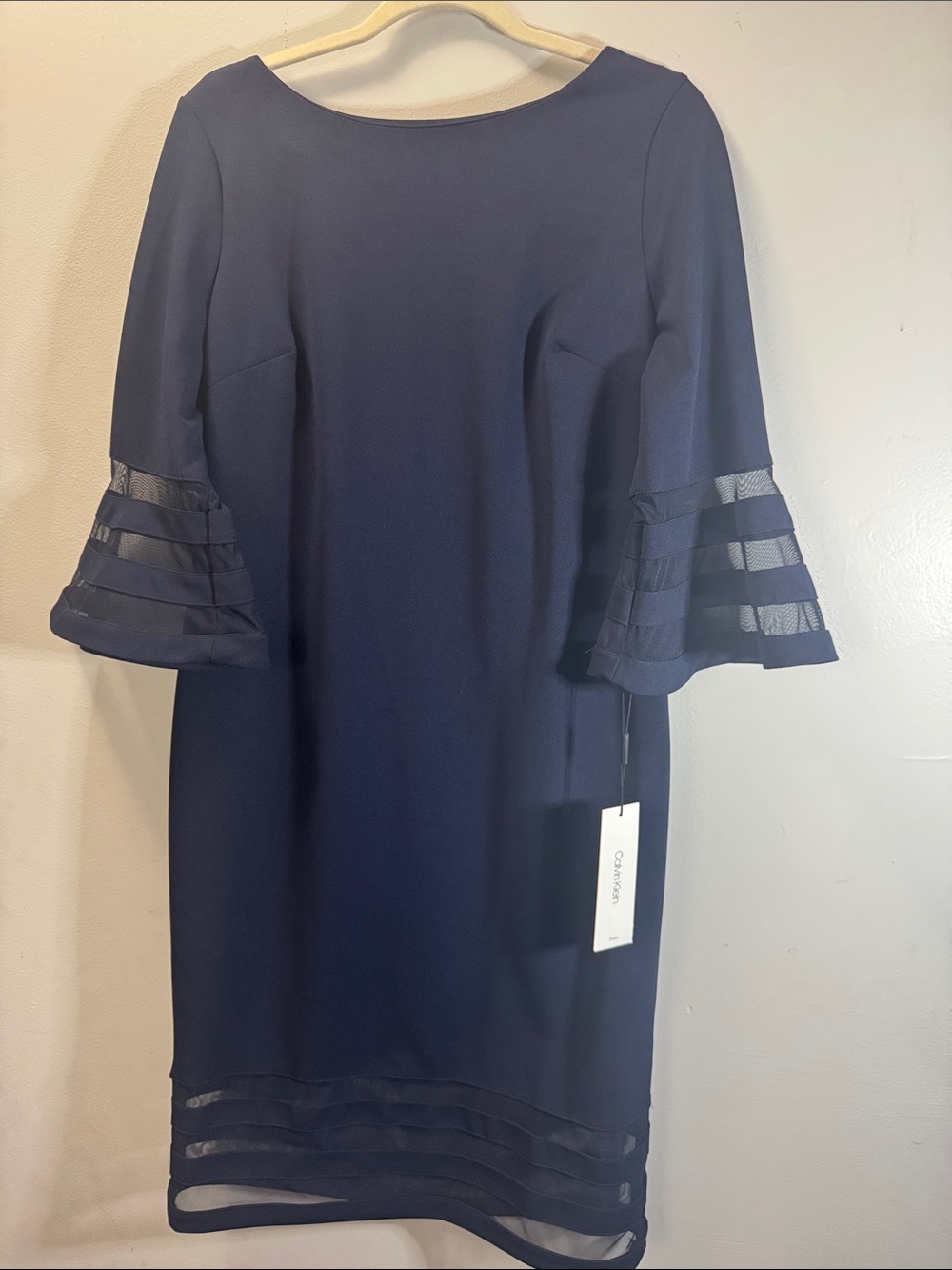 NWT Calvin Klein Navy Sheath Dress Mesh Bell Sleeve Size 12